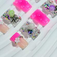 10 Pieces Y2K Retro Cute Press On Nails, Handmade Reusable Transparent Color Block Bases, Checkerboard Hearts, Rhinestone Candy Bling, Daily Retro Parties Summer Easter - Nhiều màu - Xem 5