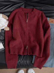 Warm Reversible Zip-Up Cardigan Sweater For Women, Autumn/Winter, Back To School Season - Jujube Red - View 5