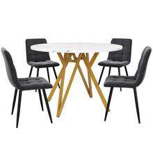 Dining Table Set (5 Pieces), Dining Table Set With 4 Chairs, Modern Kitchen Dining Table Set, 100cm Diameter Round Kitchen Table And Gold Metal Legs, MDF Marble Table Top, Grey Dining Chairs - Gold + Gray + Linen + MDF - View 10