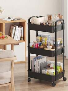 3-Tier Rolling Cosmetic Organizer Cart, Plastic Independent Multi-Function Hand Push Cart With Rotating Trays, Easy Assembly, Multipurpose Storage For Office, Bathroom, Kitchen, Pantry - No Electricity Required