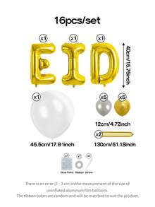 16件套开斋节派对装饰气球套装，包含16英寸金色“EID”字母铝箔气球、18英寸透明乳胶气球和金色金属卷曲气球，适用于开斋节和斋月。家居派对装饰道具 - 查看 2