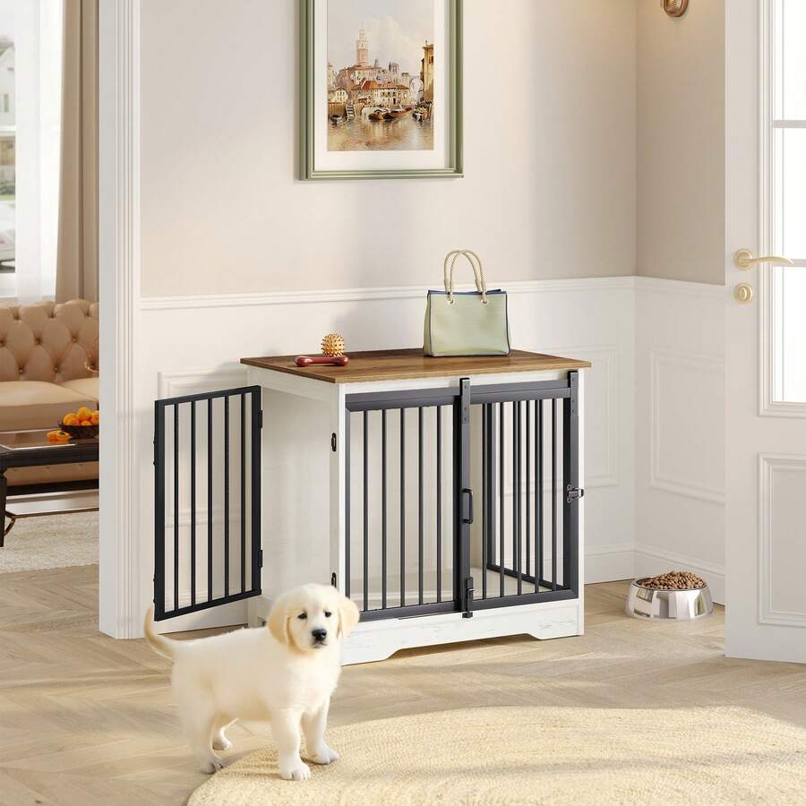 HEXCELEN Dog Crate Furniture, 27.2" Double Door Dog Crate With Barn Door, Dog Kennel Indoor, End Side Table Wooden Dog Crates For Small Medium Dogs, Anti-Chew Anti-Escape, White Brown - White/brown - View 1