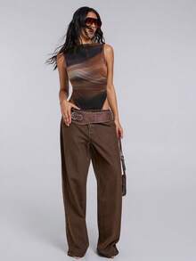 TypaGal 秋冬季现代狂野时尚新年派对复古优雅性感街头极简棕色网眼印花扎染修身连体衣 - 棕色 - 查看 4