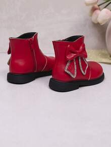 New Girls' Bowknot Rhinestone Soft Comfortable Round Toe Sweet Fashion Flat Ankle Boots Suitable For Autumn/Winter - Red - View 4