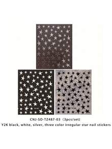 3 Peças de Adesivos de Arte de Unhas Assimétricos de Estrela - Elementos Decorativos de Natal, Ano Novo e Ano Novo em Preto, Branco, Prata, Design de Arte de Estrela Assimétrica no Estilo Y2K, Adequado para Uso Diário, Casamento e Feriados de Mulheres, Adesivos de Arte de Unhas Descartáveis, Tema Minimalista Y2K, Fácil de Colar Decorações de Unhas