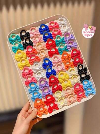 30个彩色蝴蝶结塑料发圈，耐用防滑发带，适合各种发型，适合女孩和儿童