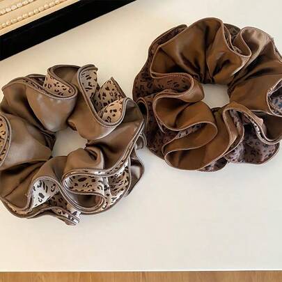 2 piezas Scrunchies con estampado de leopardo, Sujetadores de cabello multicapa, Accesorios elegantes para el cabello de mujer, Ligas para el cabello, Bandas de goma para el cabello, Cuerda para el cabello
