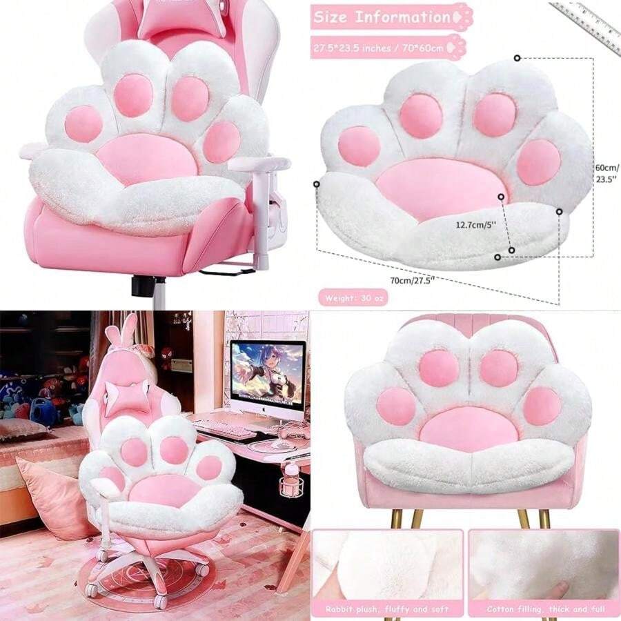 Cat Paw Cushion Kawaii Office Chair Cushion Comfy Plush Gaming Chair Cushion Kawaii Seat Cushion For Girl, Cute Gaming Accessories Room Bedroom Decorate 28"X 24" ()(White) - Type2 - 查看 1