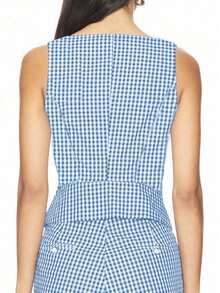 女士夏季休闲无袖厚肩带纽扣格纹背心，女士夏季，女士度假 - 藍色 - 查看 4