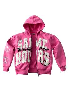 Lettering Print Hoodies, Relaxed, Loose Zip-Ups, Streetwear Jackets, Everyday Tops, Fall/Winter Layering Sweatshirts, Unisex Hoodies - Hồng - Xem 1