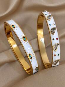 Ensemble de bracelets manchettes en acier inoxydable plaqué or 18 carats avec émail et œil du mal. Bijoux vintage de luxe, élégants et bohèmes. Cadeau pour maman, Noël, Thanksgiving, Halloween, mariage, rave/bal de promo/fête, anniversaire, demoiselle d'honneur, Saint-Valentin, accessoires quotidiens - Multicolore - Voir 2