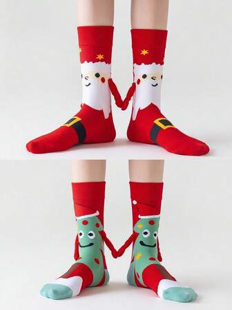 1 Pair Of Magnetic Couple Holding Hands Socks, Christmas Socks, Santa Claus Christmas Tree Type Socks, Magnetic Socks, Are Excellent Gifts For Valentine's Day, Halloween Gifts, Halloween Decorative Socks, Imitation Socks, Floor Socks, Christmas, Back To School Season, Travel Season, Back To School Season, Christmas Photo Props, Christmas Tree, Fall