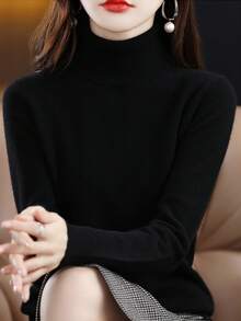 女士高领长袖毛衣，保暖柔软针织套头衫，适合秋冬季休闲穿着，黑色 - 黑色 - 查看 5