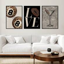 1/3pcs Frameless 3 PiecesLeopard Print Wall Art Set, Vintage 8 Ball & Martini Cocktail Poster Collection, Lucky Girl Aesthetic Decor, Retro Party Theme Prints For Bedroom, Dorm & Bar Wall - Multicolor - View 1