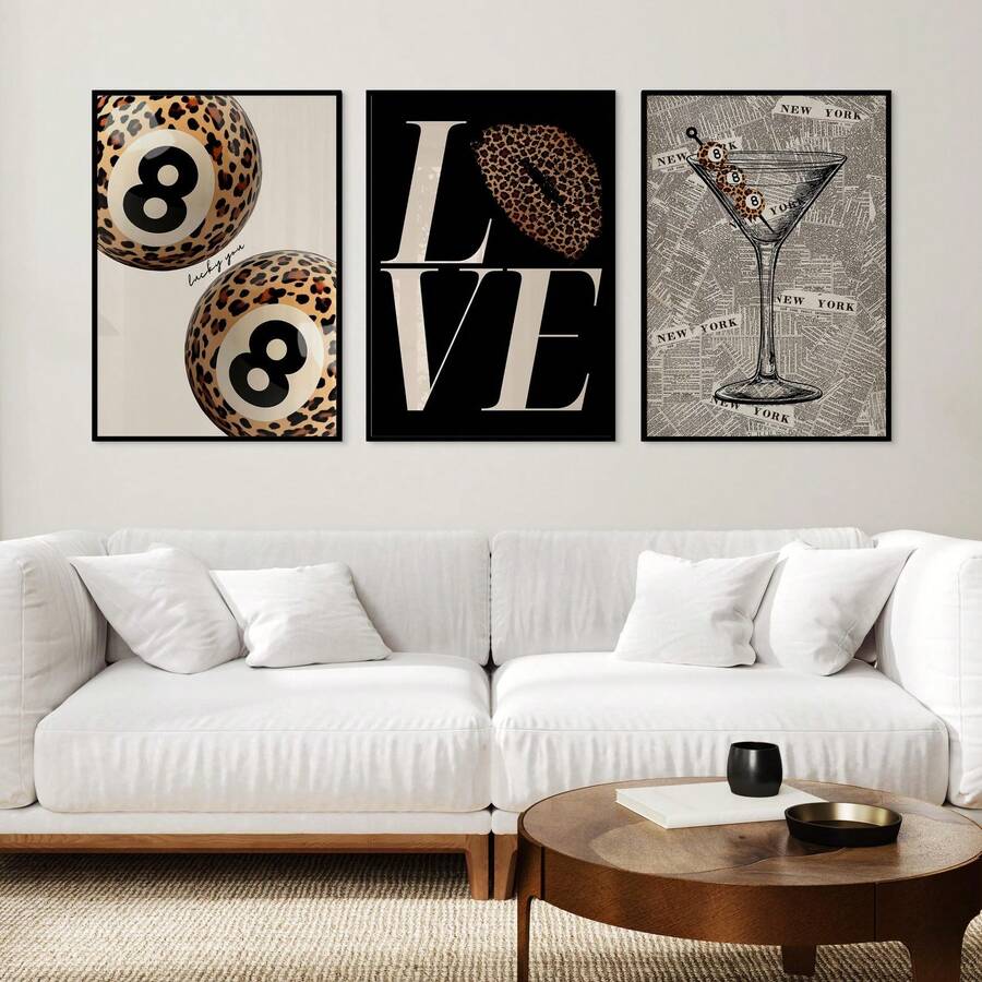 1/3pcs Frameless 3 PiecesLeopard Print Wall Art Set, Vintage 8 Ball & Martini Cocktail Poster Collection, Lucky Girl Aesthetic Decor, Retro Party Theme Prints For Bedroom, Dorm & Bar Wall - Multicolor - View 1