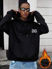 K-GLORY 男士武器及标语印花袋鼠口袋连帽衫，街头风，秋冬款 - 黑色 - 查看 4