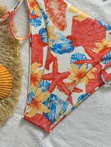 Women's Floral & Shell Print Bikini Set, Drawstring Design, Suitable For Beach Vacation, Pool Party And Summer Outing - Multicolor - View 7