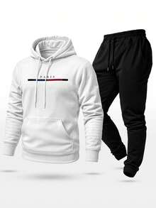 Unisex Paris Print Sweatshirt Set, Hoodie, Pants And Kangaroo Pocket Top - White - View 2