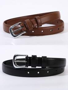 1 pieza/2 piezas Cinturón sólido casual y versátil con hebilla plateada para mujer, adecuado para el uso diario - Hebilla plateada multicolor - Ver 8