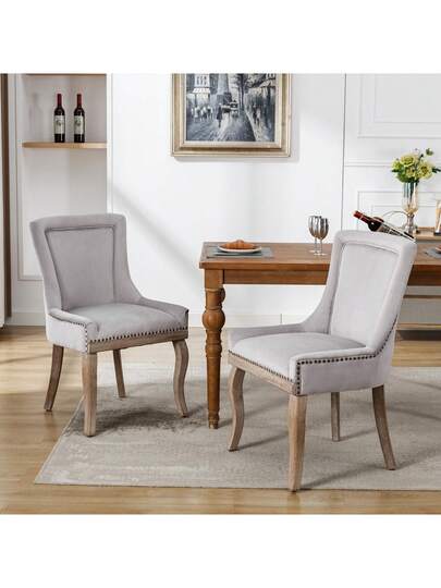 Luxurious Dining Stoel (Kitchen Chair, Living Room Pieces), Upholstered Nailhead Solid Wood Legs, Fluwelen Upholstery, Grijs view 5