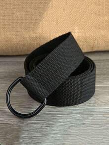 男女通用双环帆布腰带，黑色D形环皮革腰带，带半圆形环和加长帆布袋 - 黑色 - 查看 4