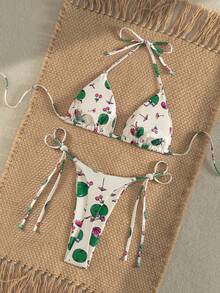 Women's Sexy Backless Tie-Up Sides Bikini Set With Coconut Print, Bohemian Style - White - View 5