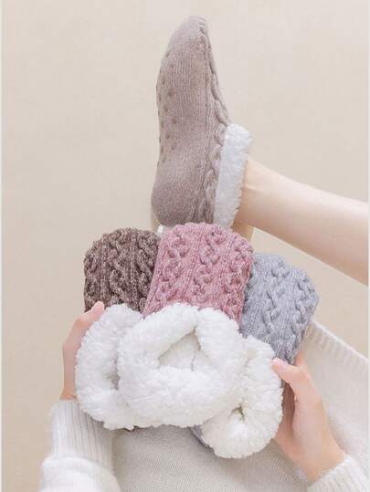 1Pair Women's Solid Color Thickened And Velvet Floor Socks To Keep Warm In Winter, Silicone Bottom Non-Slip Warm Socks, Home Casual Socks