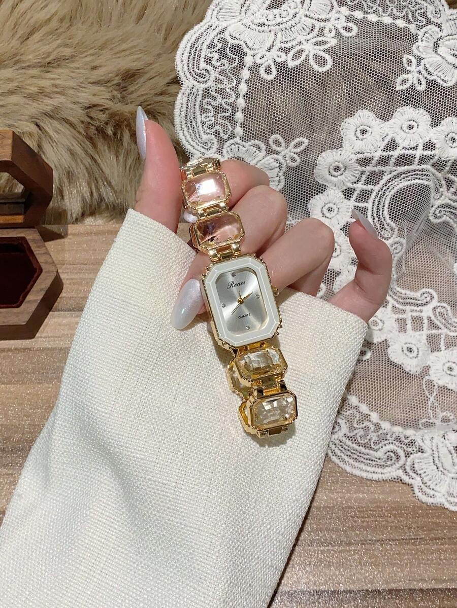 1件装女士金色合金不对称手镯腕表，时尚阿拉伯数字表盘，石英机芯，可调节表带，适合日常佩戴和节日礼物 - 白色 - 查看 1