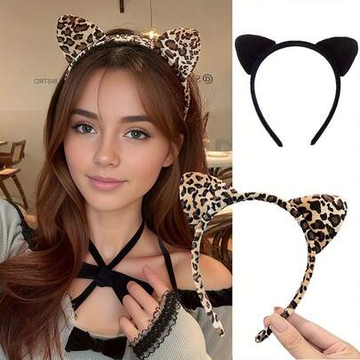 1pc Soft & Comfortable Animal Print Headband, Leopard Print, Plush Cat Ear Design, Fashionable Streetwear Style Accessory, Versatile Daily Wear, Suitable For Young Women & Fashion Enthusiasts