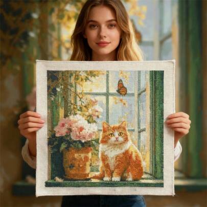 LaoJieYuan 2025 Nuovo Stile Kit Completo di Ricamo a Punto Croce con Stampa Animale Gatto, Artigianato di Ricamo, Tela Stampata con Fiori, Kit Fai-da-Te per Decorazione Murale, Kit di Ricamo, Kit di Uncinetto, Kit di Punch Needle, Accessori per Cucito, Kit di Cucito, Fili per Ricamo, Kit Artigianale, Materiali per Cucito e Uncinetto, Kit di Ricamo per Principianti, Modelli di Cucito