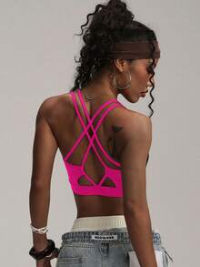 Women's Black Wireless Criss-Cross Knit Sports Bra - Hot Pink - View 3