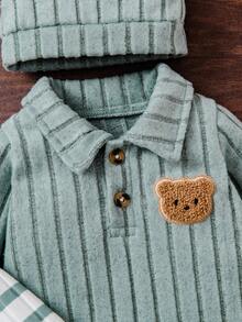 4 件套婴儿秋季新款毛绒罗纹 Polo 领可爱熊连体衣和帽子休闲时尚服装，男女通用 - 綠色 - 查看 4