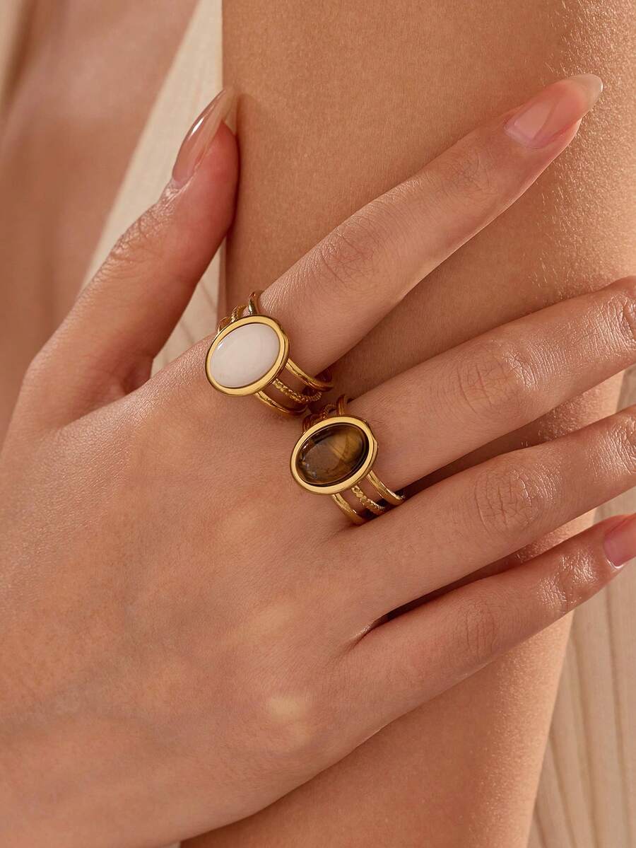 2pcs Stainless Steel Gold-Tone Open Rings Inlaid With White And Tiger Eye Gemstones, Suitable For Women Or As Gift Sets - Yellow Gold - View 1