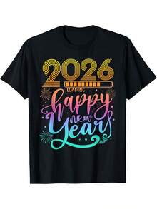 Camiseta de Celebración de Año Nuevo 2026 - Camiseta Gráfica Retro con Estampado de Fuegos Artificiales y Número 2026 - Camiseta de Manga Corta Unisex de Algodón Puro de 220gsm para Hombres - Todas las Estaciones (Negro con Diseño Multicolor 2026) - Negro - Ver 1