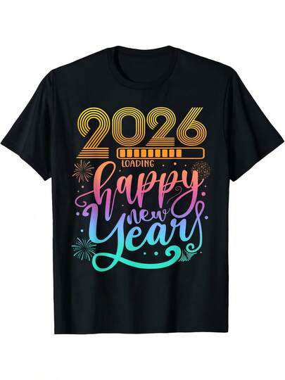 Camiseta de Celebración de Año Nuevo 2026 - Camiseta Gráfica Retro con Estampado de Fuegos Artificiales y Número 2026 - Camiseta de Manga Corta Unisex de Algodón Puro de 220gsm para Hombres - Todas las Estaciones (Negro con Diseño Multicolor 2026)