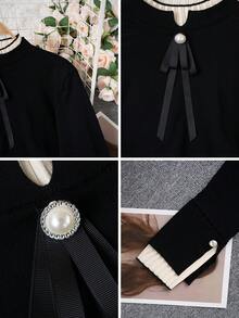 女式秋冬二合一高领针织毛衣，新款分层长袖上衣 - 黑色 - 查看 8