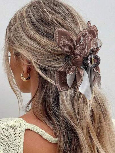 1pc Autumn And Winter Retro Plaid Printed Paisley Bow Hair Clip, Multipurpose Paisley Fabric Knotted Bow Hair Clip, Suitable For Everyday Wear And Casual Beach Vacations, Summer Hair Clips, Hairpins, Claw Clips, Autumn And Winter Women's Hair Accessories. Winter Hair Clutch