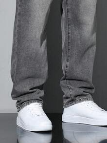 Straight-Cut Cotton Washed Denim Jeans With Slanted Pockets, Versatile Wide-Leg Relaxed Fit Washed Denim Jeans, Casual Matching Couples - Light Grey - View 3