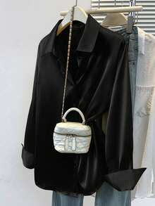 Áo sơ mi công sở bằng satin dành cho nữ, kiểu dáng cài khuy cổ ve áo, phù hợp cho các dịp chuyên nghiệp, thanh lịch cho văn phòng và ở nhà, áo tay dài cho mùa thu, đông và xuân, màu đen. - màu đen - Xem 2