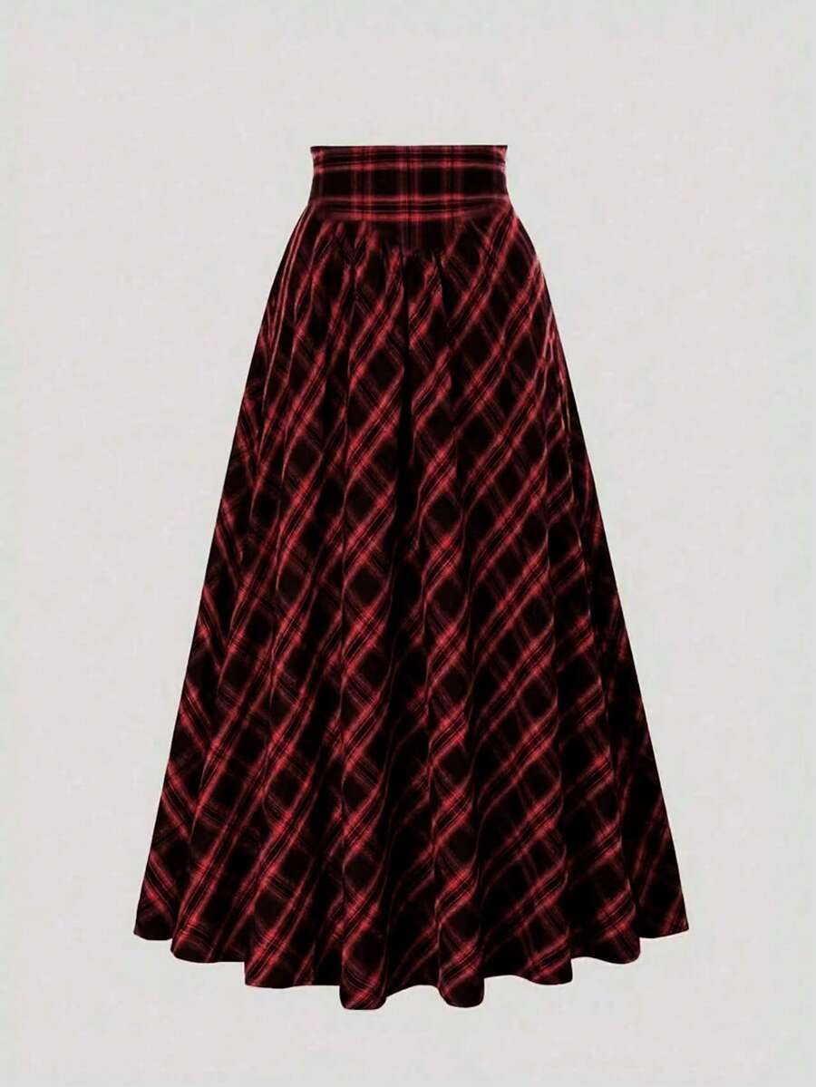 Women's High Waist Plaid Casual Drawstring Vacation Skirt - Red - View 1