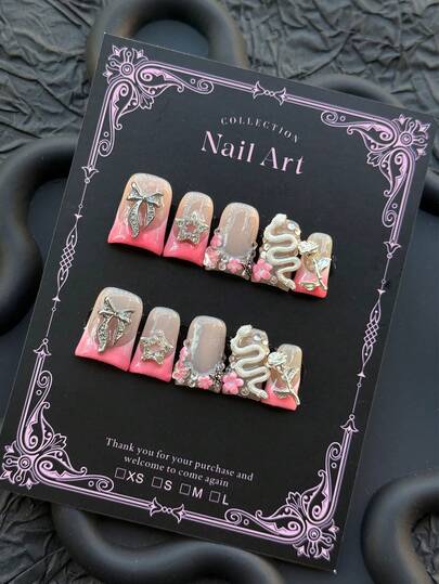 10pcs Y2K Cute Duck Mouth Nail Stickers, Handmade, Pink French Design With Flowers And Stars, Decorated With Bows And Roses, Delicate Petal Details. Medium Length, Suitable For Women And Girls, Ideal For Daily Wear, Concerts, DIY Manicure, Includes Tool Kit. Almond-Shaped Nails. Handmade Nail Stickers. False Nails. Nail Art Supplies.