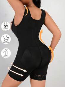 Plus Size Women High Cinched Waist Romper Shorts, Tummy Control, Butt Lifting - Black - View 3