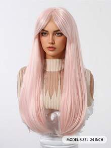 60 cm lång, rak, rosa, syntetisk peruk med lugg, lämplig för kvinnor, för fest, cosplay, värmebeständig