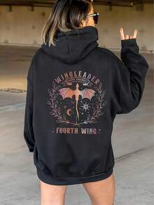 Mysterious Fantasy Style!"Fourth Wing" Themed Hoodie With Dragon And Star-Moon Print On The Back, A Must-Have For Book Lovers, Casual Wear, Fantasy Fashion, Dragon Motif, Mystical Design, Soft Fabric, Comfortable Fit, Hooded Jacket, Pullover Hoodie, Young Adults, Anime Enthusiasts - 黑色 - 查看 1