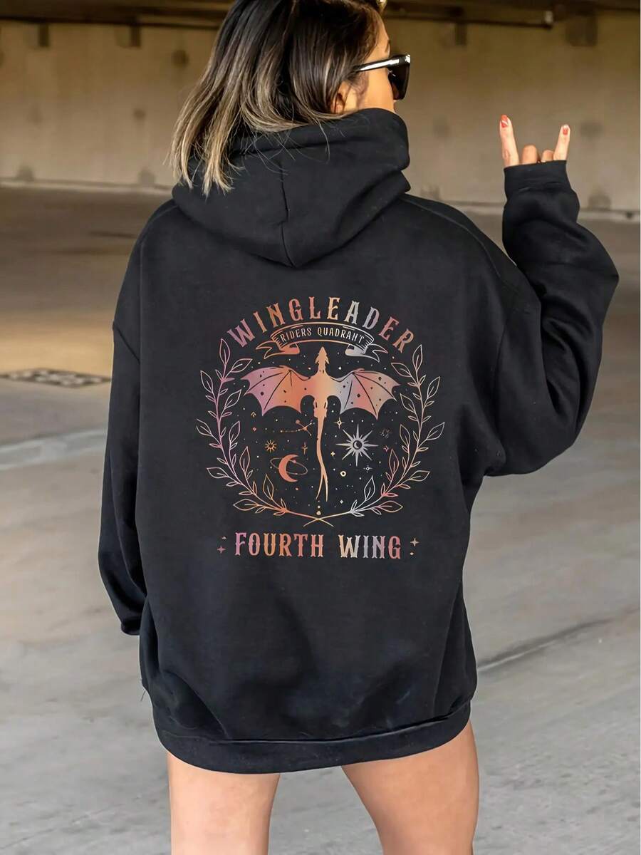 Mysterious Fantasy Style!"Fourth Wing" Themed Hoodie With Dragon And Star-Moon Print On The Back, A Must-Have For Book Lovers, Casual Wear, Fantasy Fashion, Dragon Motif, Mystical Design, Soft Fabric, Comfortable Fit, Hooded Jacket, Pullover Hoodie, Young Adults, Anime Enthusiasts - 黑色 - 查看 1
