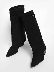 25 New Suede Pointed Toe High Heel Ankle Boots For Women, Chunky Heel, Gorgeous Brown Maillard Booties, Slim Fit, Boots - Black - View 3