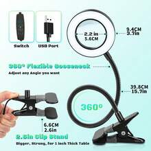 Lampă de birou LED reglabilă cu lupă - reglabilă, gât de lebădă flexibil, rotație la 360°, lupă 10X, alimentată prin USB, 3 moduri de iluminare, reglare a luminozității pe 10 niveluri, potrivită pentru citit, muncă la birou și meșteșuguri - iluminare cu clips care protejează ochii