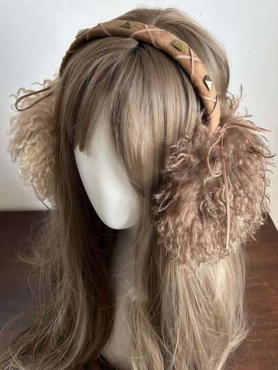 1个蓬松可折叠仿羊羔毛耳罩，保暖时尚，适合Y2K和朋克风格，秋冬季白色耳罩