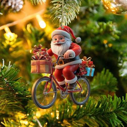 Santa Riding A Bicycle Christmas Ornament, For A Funny And Whimsical Tree Decoration, For Holiday Decor, 2D Flat Acrylic Hanging Decoration, For Christmas Gag Gifts, For A Unique Gift Topper, Christmas