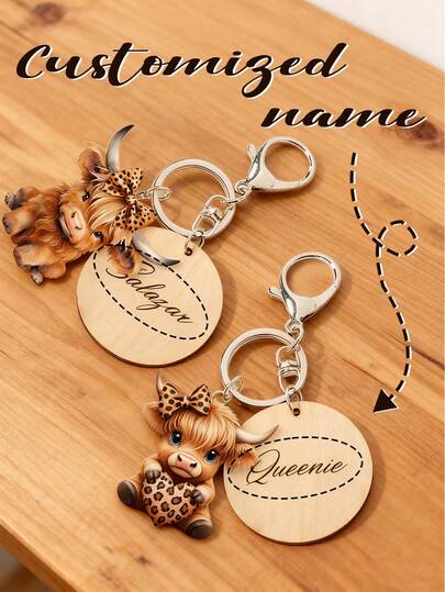 Pingente de vaca personalizado e chaveiro circular de madeira (1 peça), personalização a laser, gado das Terras da Escócia, pingente de bezerro com estampa de leopardo, pingente para bolsa, pingente para chave, nome personalizável, chaveiros, chaveiro fofo para bolsa, mochila, chave de carro, acessório para estojo de fone de ouvido, presente ideal para mães, namoradas, amigas e familiares.